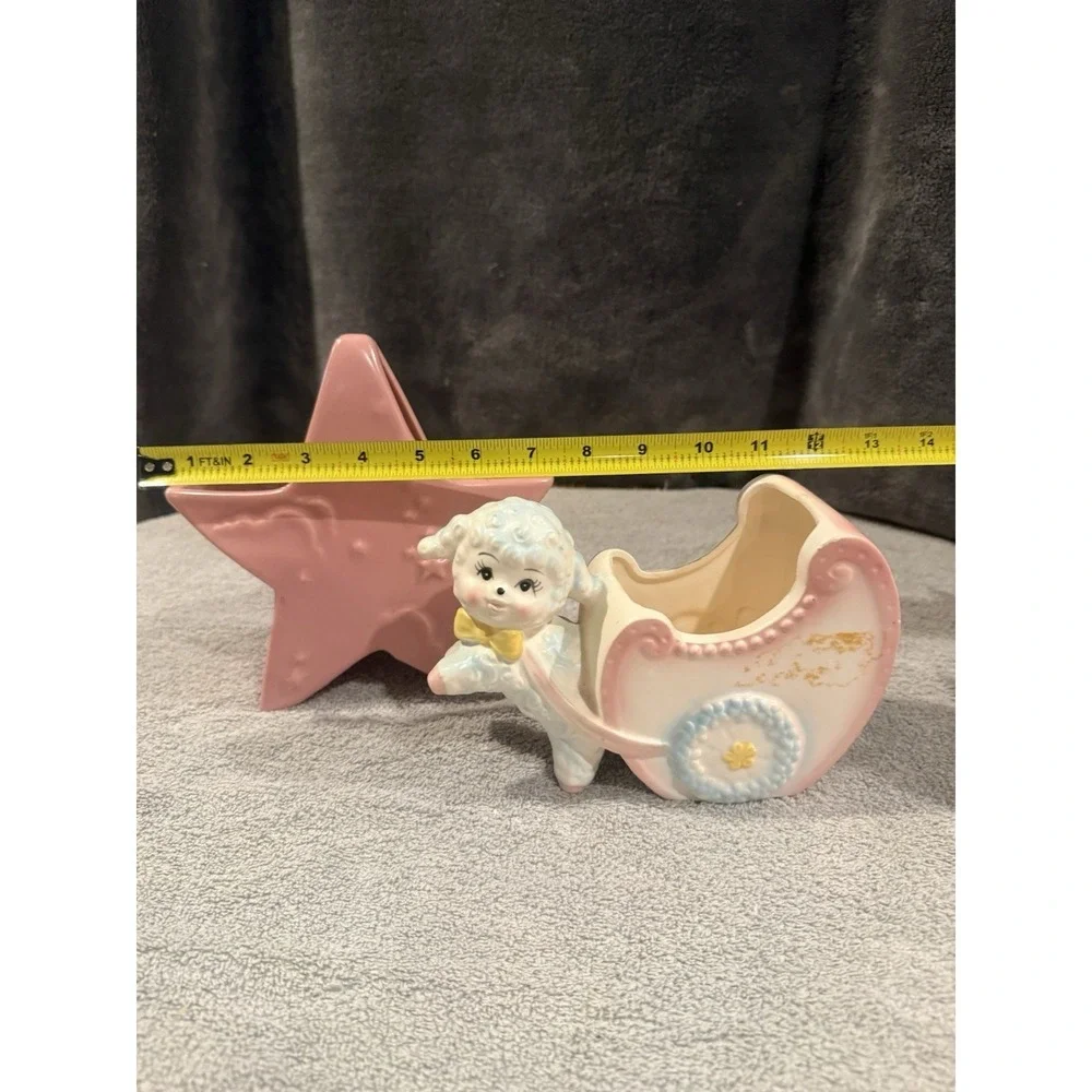 Vintage 1950s Abingdon Pottery Pink Star Vase / Planter & Lamb Baby Buggy Inarco